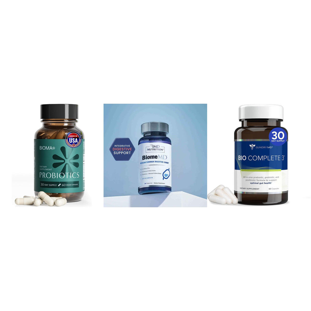 Gut Health Probiotic Trio — Bioma, Gundry Bio Complete 3 & 1MD BiomeMD (Curated Bundle)