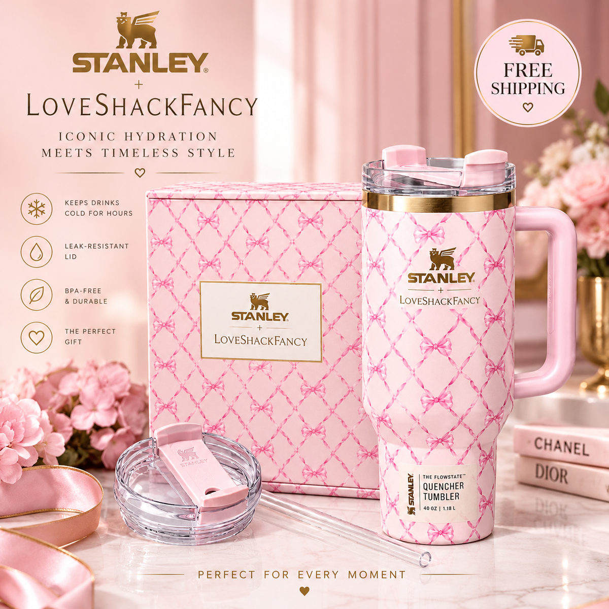 Stanley x LoveShackFancy Quencher H2.0 FlowState Tumbler 40oz | Pink Floral Bow Design