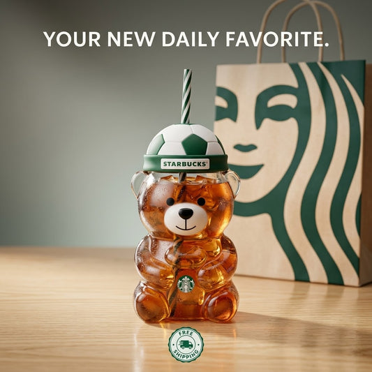 Starbucks Bearista Bear Glass Cold Cup — Soccer Ball Lid Edition, 20oz (591ml) with Straw