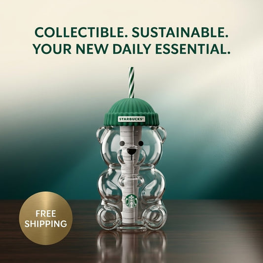 Starbucks Bear Glass Cup with Green Lid & Straw – 16oz