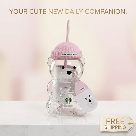 Starbucks Bearista Bear Glass Cold Cup — Baby Pink Knit Hat Edition, 20oz (591ml) with Straw