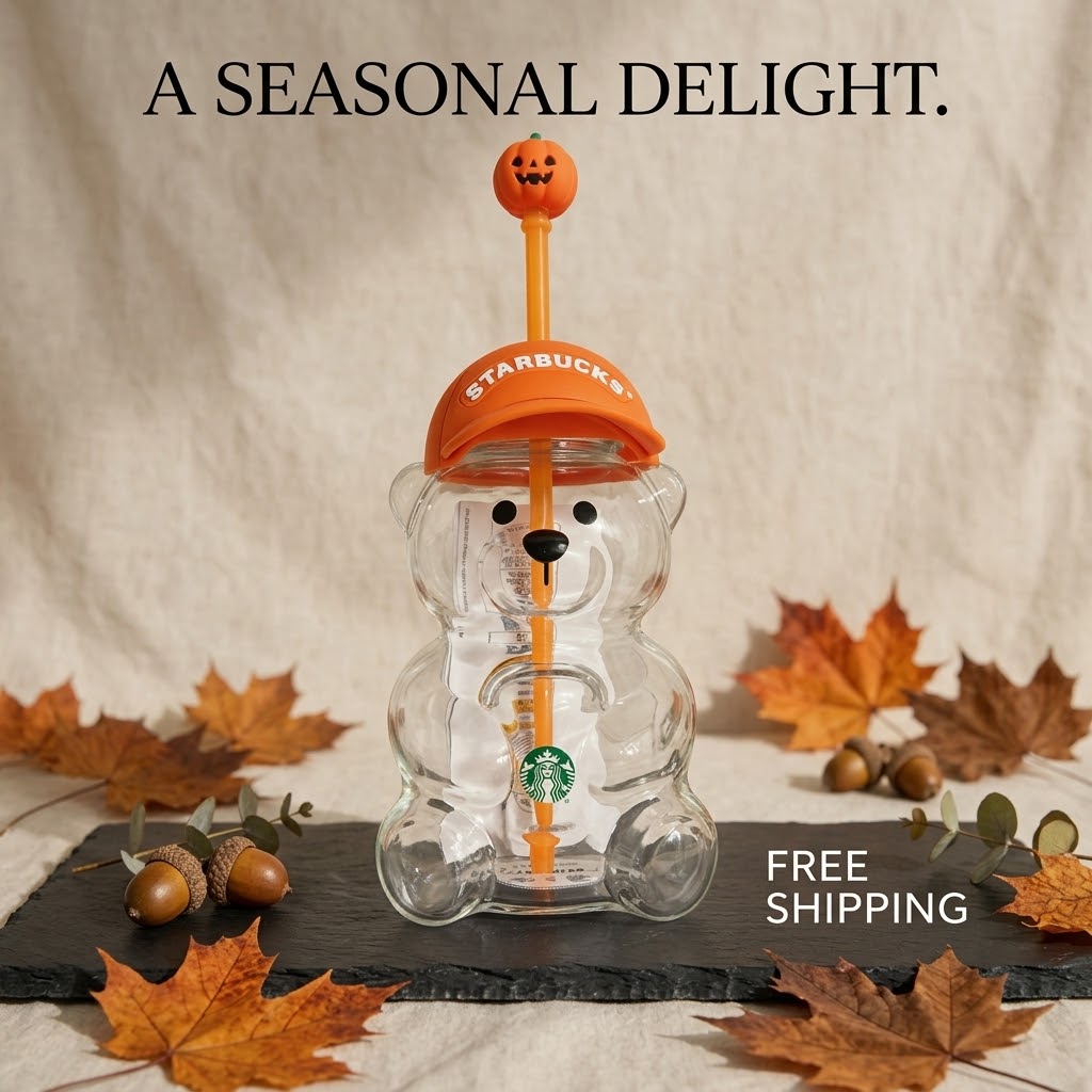 Starbucks Bearista Bear Glass Cold Cup — Halloween Pumpkin Cap Edition, 20oz (591ml) with Straw
