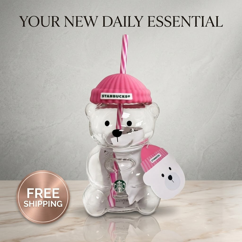 Starbucks Bearista Bear Glass Cold Cup — Rose Pink Knit Hat Edition, 20oz (591ml) with Straw