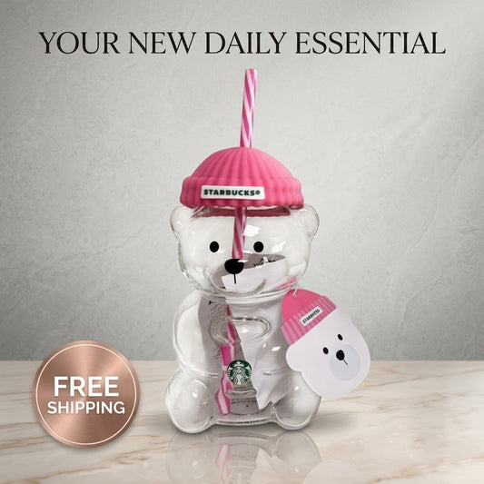 Starbucks Bearista Bear Glass Cold Cup — Rose Pink Knit Hat Edition, 20oz (591ml) with Straw