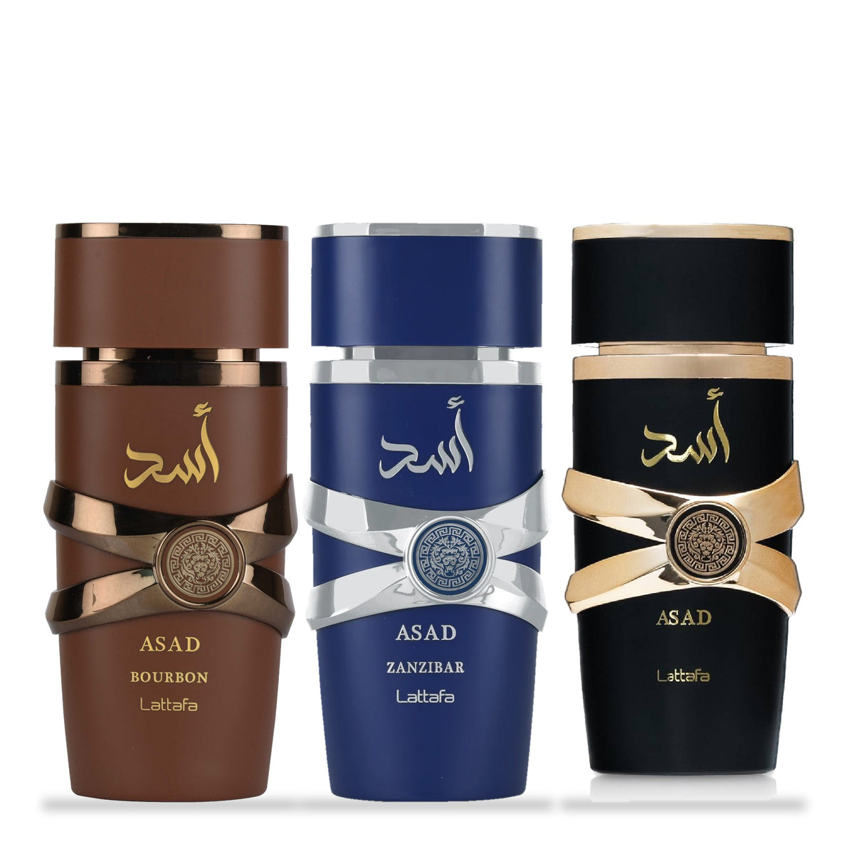 Lattafa Asad Bourbon, Asad Zanzibar and Asad 100ml bottles - Asad 3 piece men's cologne set