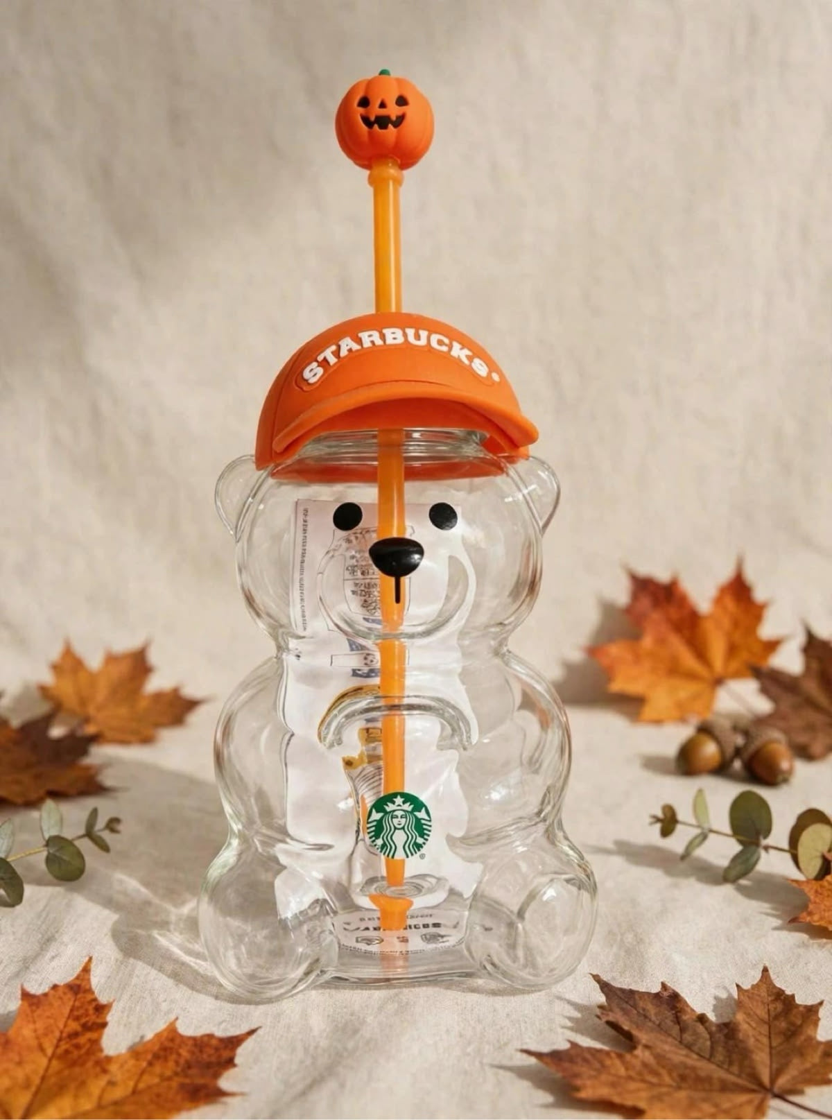 Starbucks Bearista Halloween bear glass cold cup with orange pumpkin cap lid and straw