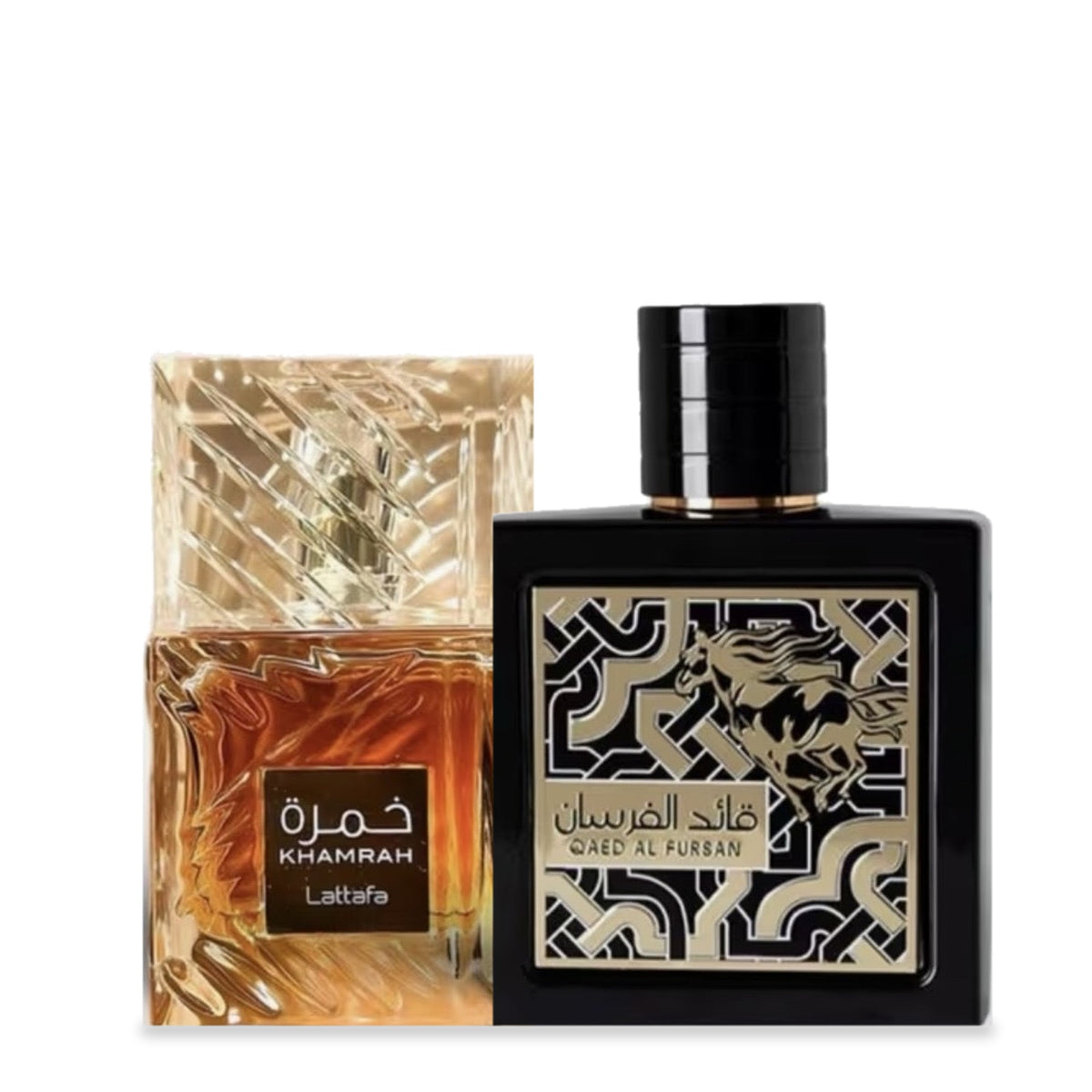 Lattafa Khamrah 100ml and Qaed Al Fursan 90ml bottles - Khamrah Qaed duo perfume set