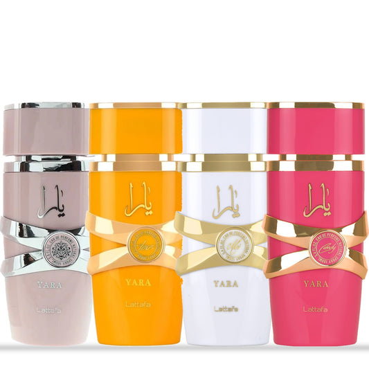 Lattafa Yara, Yara Tous, Yara Moi and Yara Candy 100ml bottles - Yara 4 piece women's perfume set